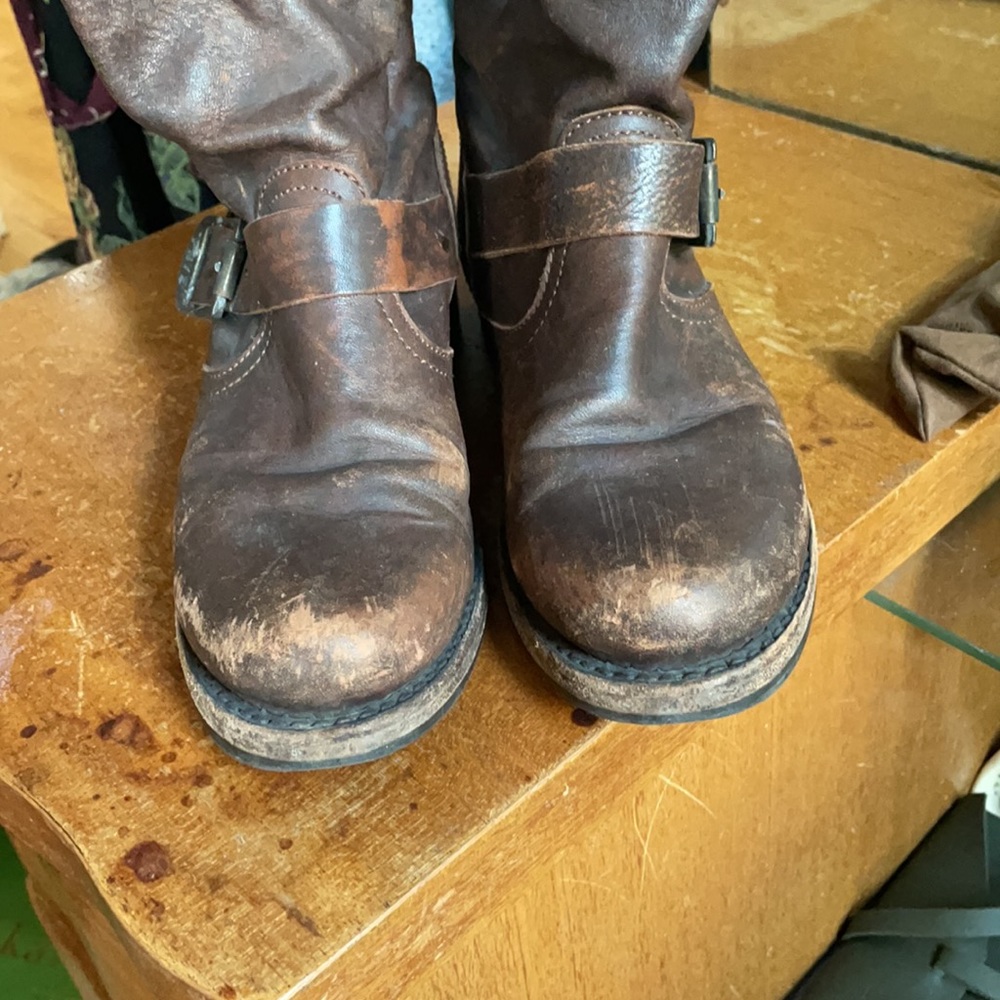 Frye Brown Leather Mid-Calf Combat Moto Boots - Picture 3 of 7